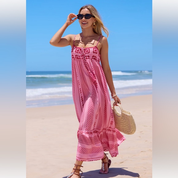 Pink Boho Square Neck Sleeveless. Dress Pink and Red Patterned Maxi Dress - Picture 2 of 7